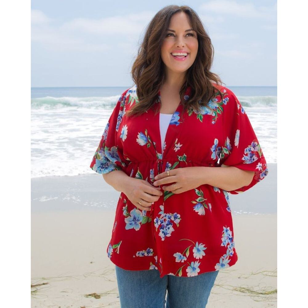 Kiyonna Red Floral Top Bali Breeze Bellini 3X Kiimono Sleeves Spring Summer